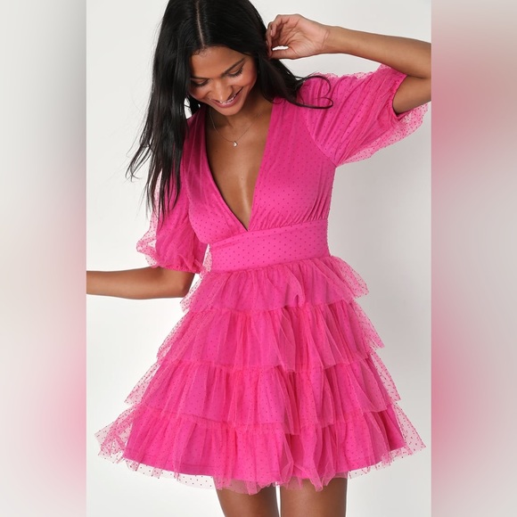 Lulus Dresses & Skirts - Lulus Dramatic Poise Hot Pink Dot Tulle Puff Sleeve Tiered Mini Dress
